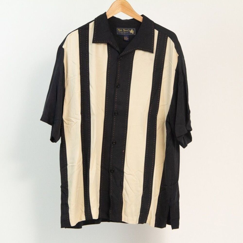Nat Nast Silk Black & Tan Striped Button Up Retro Bowling/ Mafia Shirt, XL